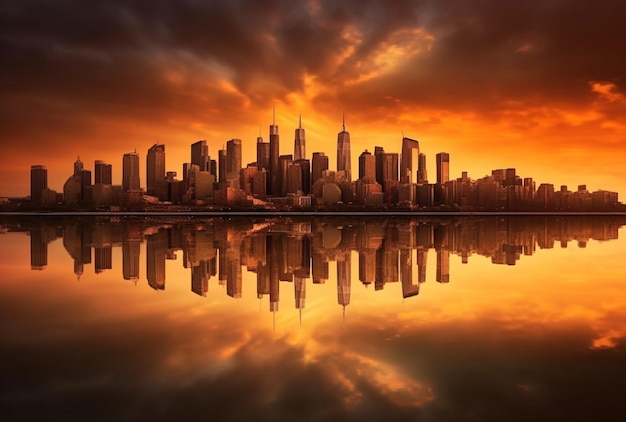 Eine Skyline der Stadt mit dem Sonnenuntergang dahinter