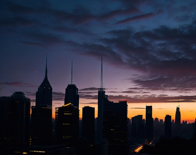 Eine Skyline der Stadt mit dem Sonnenuntergang dahinter