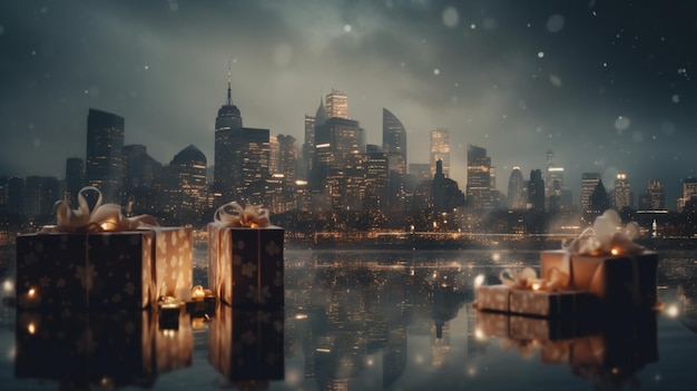 Eine Skyline der Stadt mit einer verschneiten Szene im Vordergrund