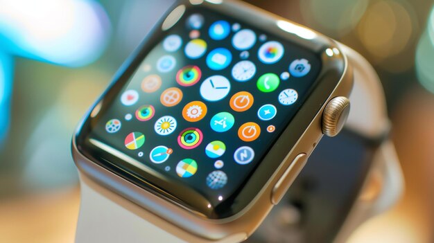 Eine Smartwatch mit einer Vielzahl von Apps auf dem Bildschirm Die Uhr ist aus Metall und hat ein weißes Band Sie wird in einer Hand gehalten