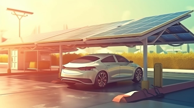 Eine solarbetriebene Ladestation im Parkplatz wird zur Aufladung von Elektrofahrzeugen verwendet.Generative KI