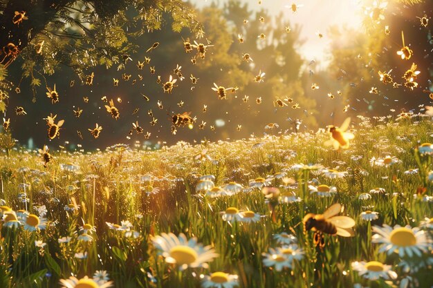 Eine sonnenbeleuchtete Wiese, die vom Summen der Bienen brummt