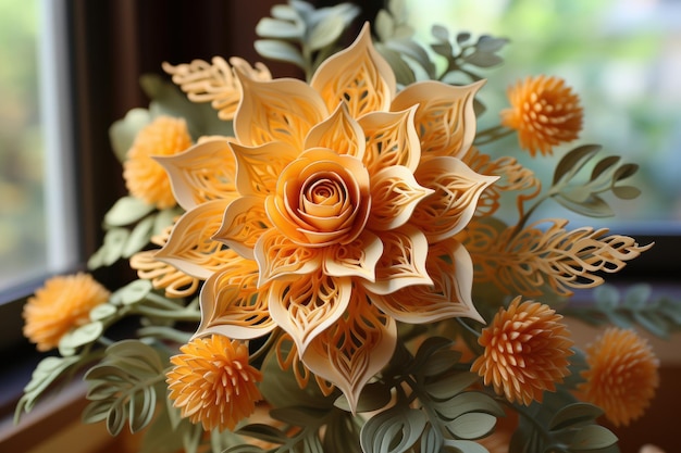 Eine Sonnenblume mit Blättern, die mit Origami- oder Kirigami-Papier gestaltet wurden, japanisches Handwerk
