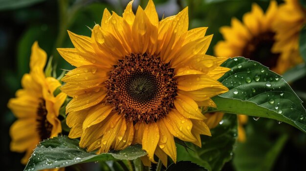 Eine Sonnenblume mit den Regentropfen darauf