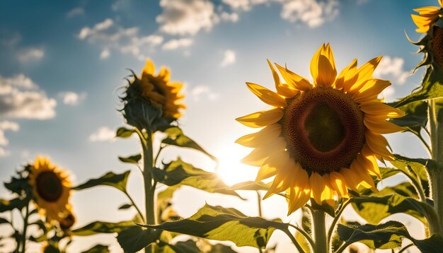 eine Sonnenblume mit der Sonne, die durch die Wolken scheint