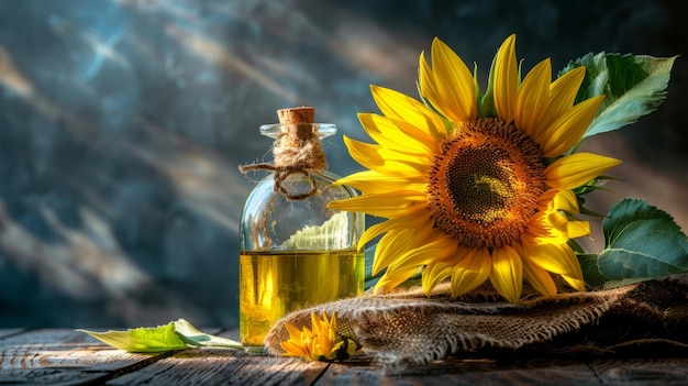 Eine Sonnenblume mit einer Flasche Sonnenblumenöl, die das Sonnenlicht erfasst hat