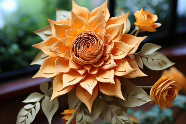 Eine Sonnenblume und Blätter, die mit Papier im japanischen Kirigami- oder Origami-Handwerksstil gefertigt wurden
