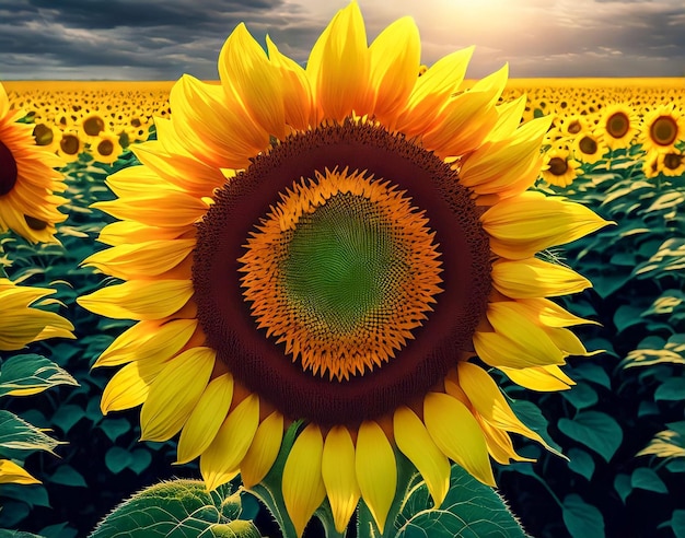 Eine Sonnenblume wird in einem Feld mit einem bewölkten Himmel im Hintergrund gezeigt.