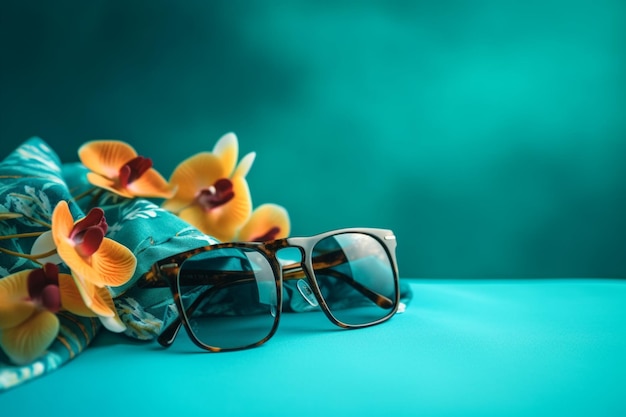 Eine Sonnenbrille auf blauem Hintergrund mit Orchideen.