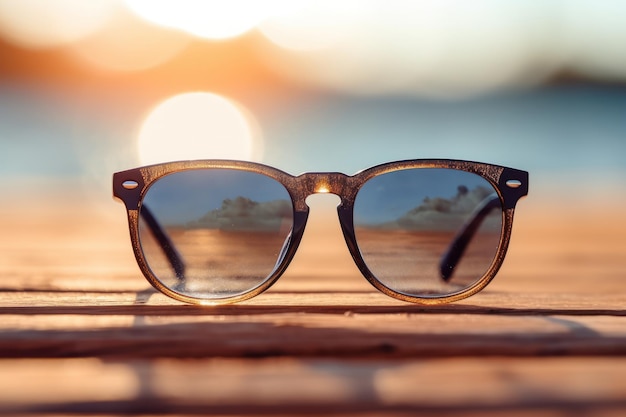 Eine Sonnenbrille auf einem Holzbrett am verschwommenen Strand mit Bokeh-Hintergrund