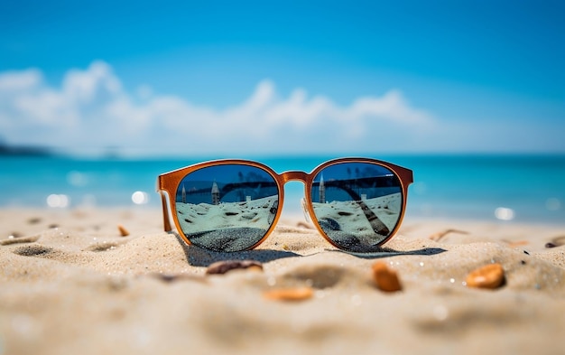 Eine Sonnenbrille, die auf einer KI am Sandstrand sitzt