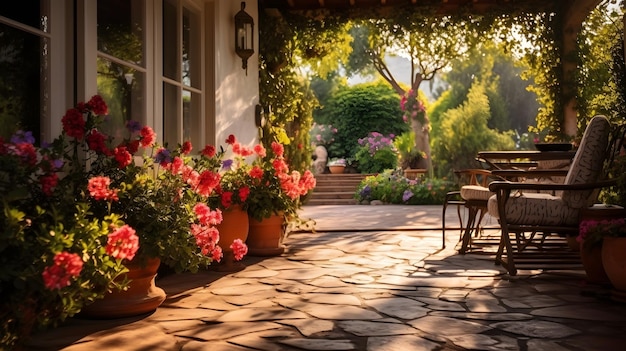 Eine sonnengekühlte Terrasse, umgeben von blühenden Blumen, bietet einen glücklichen Rückzug in der Natur