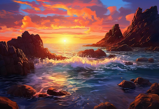 eine Sonnenuntergangsszene mit dem Ozean und den Felsen