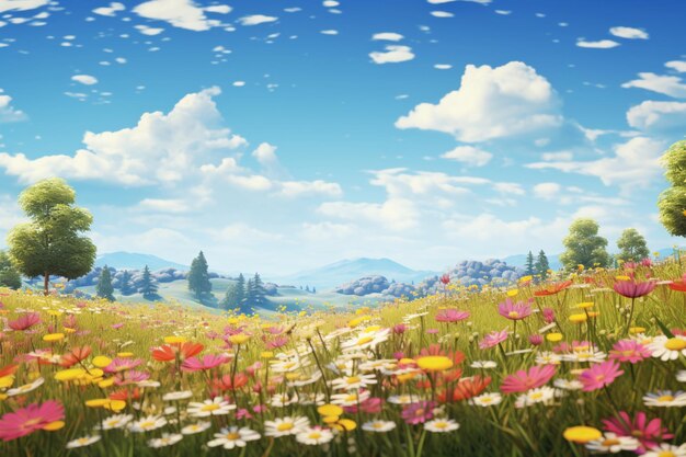 Eine sonnige Wiese mit Blumen in einer Illustration, die den Frühling darstellt