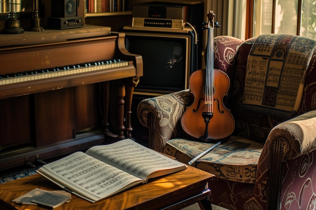 Foto eine spezielle musikecke mit instrumenten, noten und gemütlichen sitzgelegenheiten