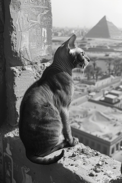 Foto eine sphynxkatze erforscht die ruinen der großen pyramide von giza. ihr haarloser körper ergänzt die alte ägyptische kulisse.