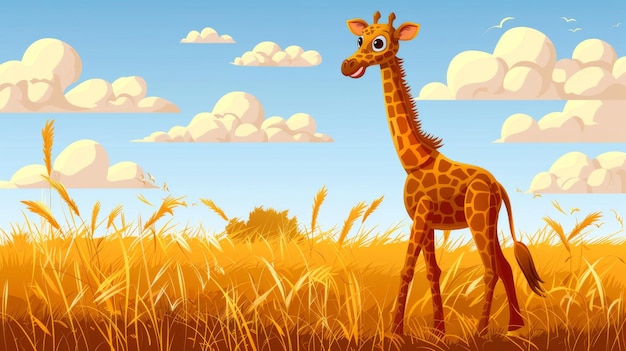 Foto eine spielerische cartoon-giraffe steht unter einem hohen goldenen weizen unter einem weichen bewölkten himmel