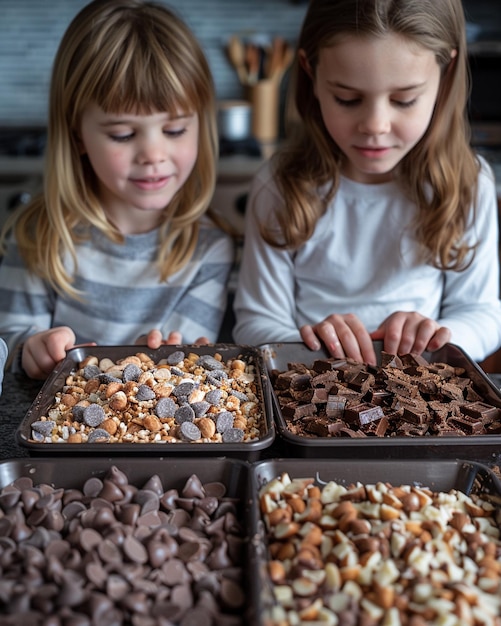 Foto eine spielerische szene von kindern, die schokoladenrinde zur tapete machen