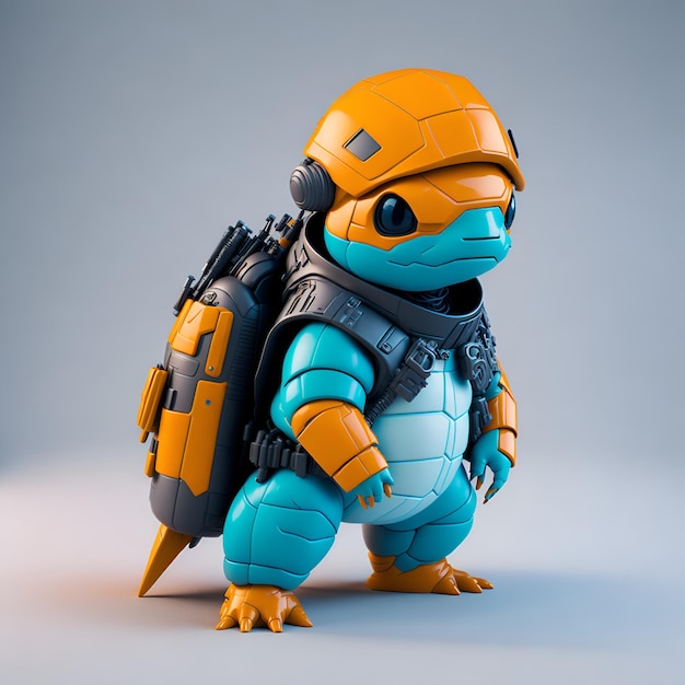 Eine Spielzeugfigur einer Schildkröte mit einem Rucksack auf dem Rücken.