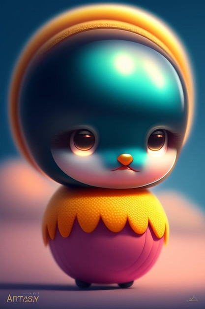Eine Spielzeugfigur mit lila-gelbem Hut und orangefarbenen Augen.
