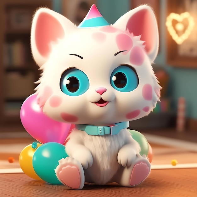 Eine Spielzeugkatze mit rosa Hut und blauen Augen sitzt auf einem Holzboden.