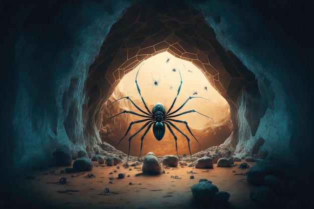 Eine Spinne in einer Höhle mit einem Mond im Hintergrund