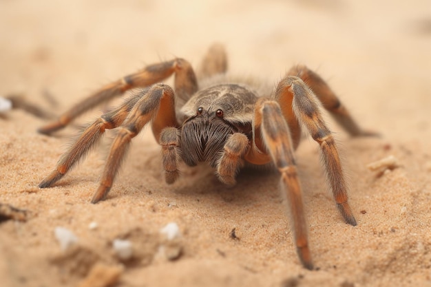 Eine Spinne liegt im Sand in der Wüste.