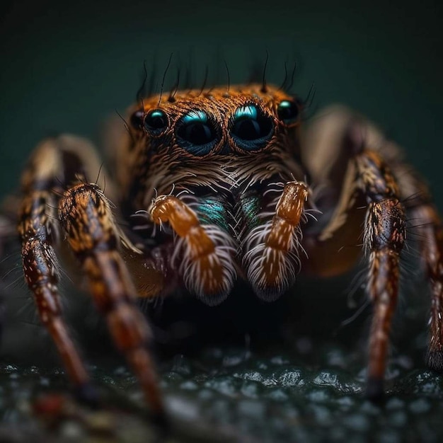 Eine Spinne mit blauen Augen wird in einem dunklen Raum fotografiert.