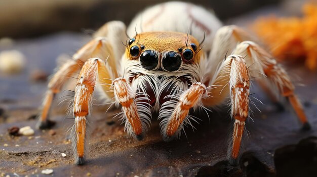 eine Spinne mit einem gelben Kopf und schwarzen Augen.