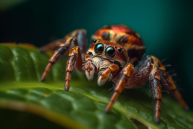 Eine Spinne mit großen Augen sitzt auf einem Blatt.