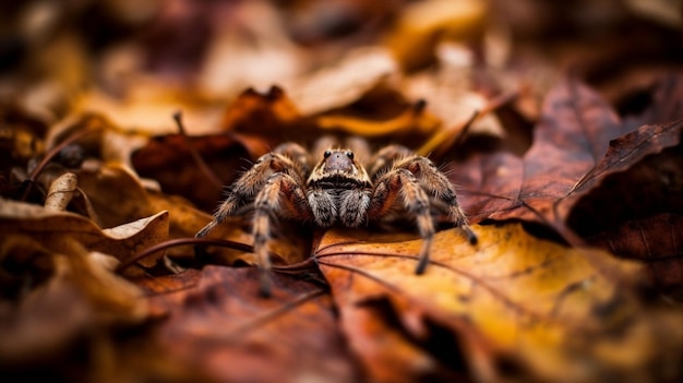 Eine Spinne sitzt auf den Blättern des Herbstlaubs.