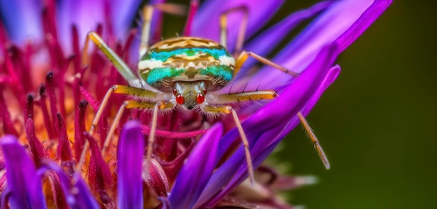 Eine Spinne sitzt auf einer Blume mit violettem Hintergrund.