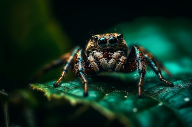 Eine Spinne sitzt im Dunkeln auf einem Blatt.