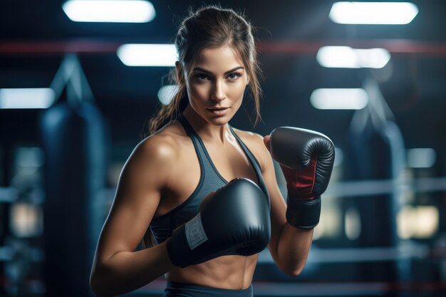 Eine sportliche Frau mit Boxhandschuhen zeigt Entschlossenheit und Widerstandsfähigkeit, während sie in einem Fitnessstudio trainiert.