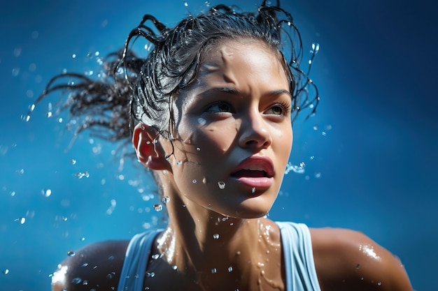 Eine sportliche Schwimmerin schreit während eines harten Trainings mit Wasserspritzen im Hintergrund