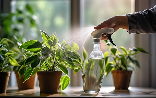 Eine Sprühflasche auf einem Tisch neben Topfpflanzen AI