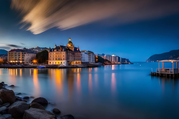 Eine Stadt am Meer bei Nacht