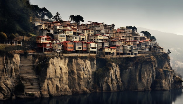 Eine Stadt auf einer Klippe mit geneigten Häusern, in der Chinesen friedlich leben, übt Trackfoto