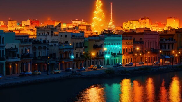 Eine Stadt bei Nacht mit einem Weihnachtsbaum im Vordergrund