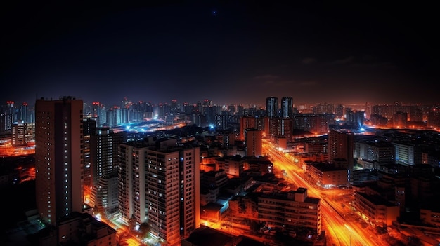 Eine Stadt bei Nacht mit Straßenlaterne und Stadtbild