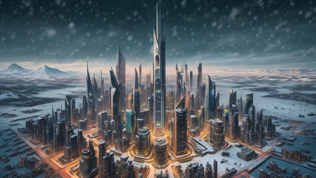Eine Stadt der Zukunft unter Schnee im Winter