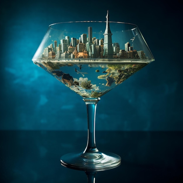 Eine Stadt, eingetaucht in ein riesiges Martini-Glas