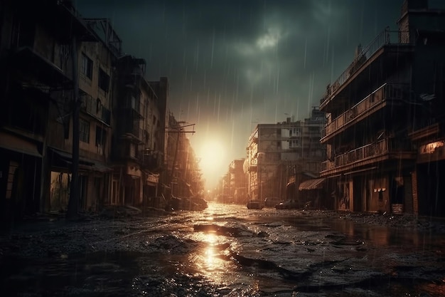 Eine Stadt im Regen mit einem dunklen Himmel und einer Wasserpfütze