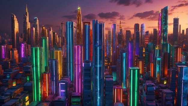 Eine Stadt in der Nacht Die Gebäude sind in verschiedenen Farben beleuchtet, so dass die Stadt sehr lebendig aussieht