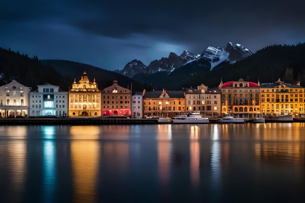 eine Stadt in der Nacht mit Booten im Wasser und Bergen im Hintergrund.