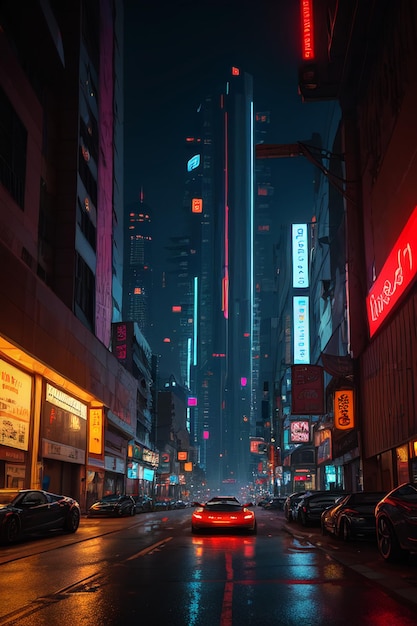 Eine Stadt in der Nacht mit einem Neonschild, auf dem "Cyberpunk" steht