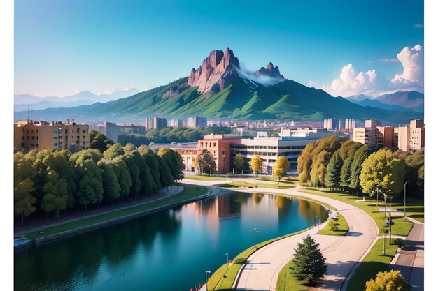 Eine Stadt ist ein Berg mit einem Berg im Hintergrund.