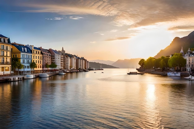 Eine Stadt ist eine wunderschöne Stadt mit einem Fluss und Bergen im Hintergrund.