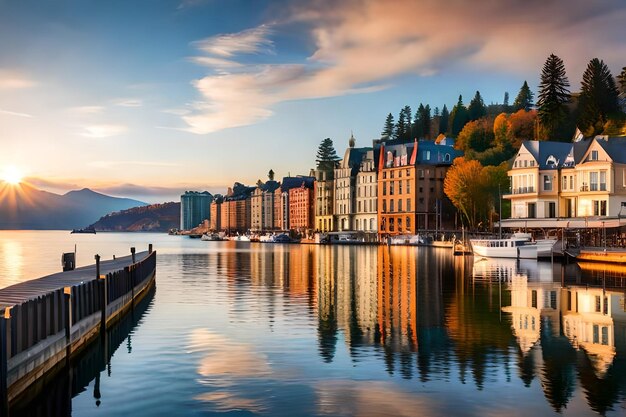 Eine Stadt liegt am Wasser in der Stadt.