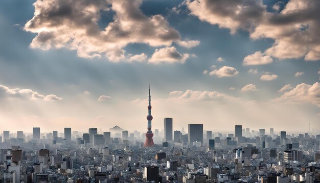 eine Stadt mit dem roten Turm im Hintergrund